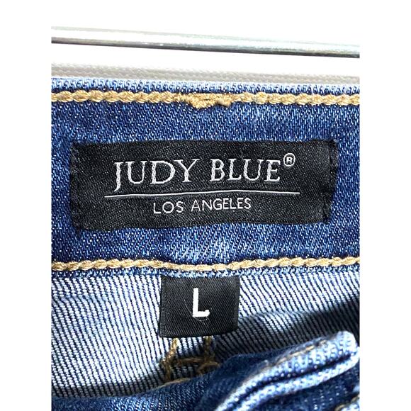 Judy Blue Mid Rise Beach Splash Distressed Cut Off Jean Denim Shorts L Summer - Picture 3 of 6